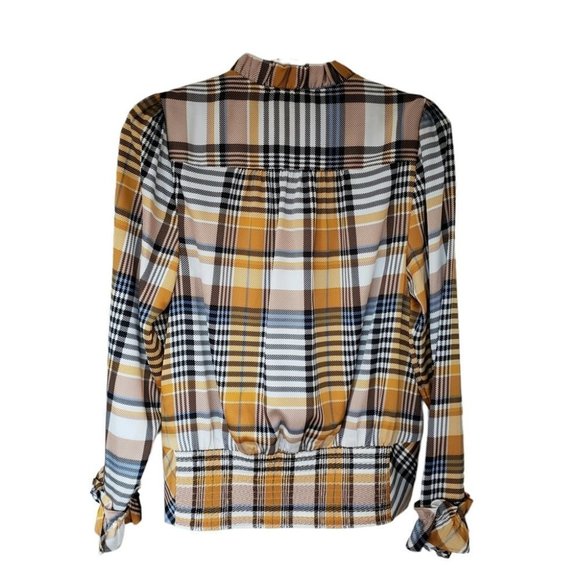Karl Lagerfeld plaid smocked ruffled blouse yellow and blue - Picture 2 of 8